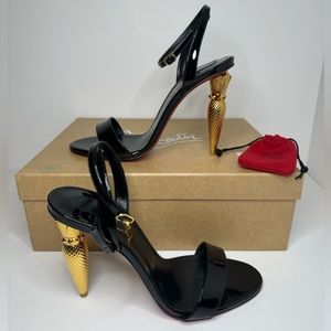 Christian Louboutin Black Patent Leather Slingback Sandals with Gold Cone Heels
